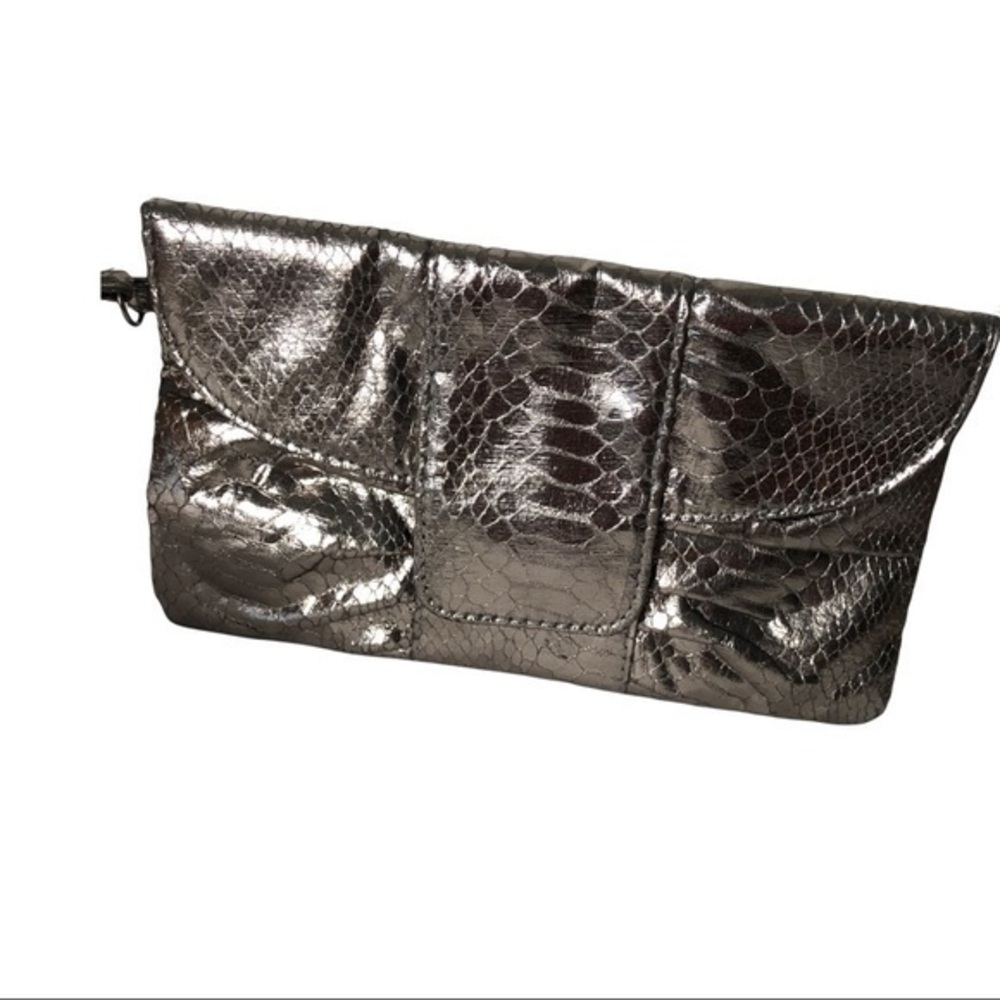 Proclaim Silver Metallic Snake Skin Snap Closure Wristlet